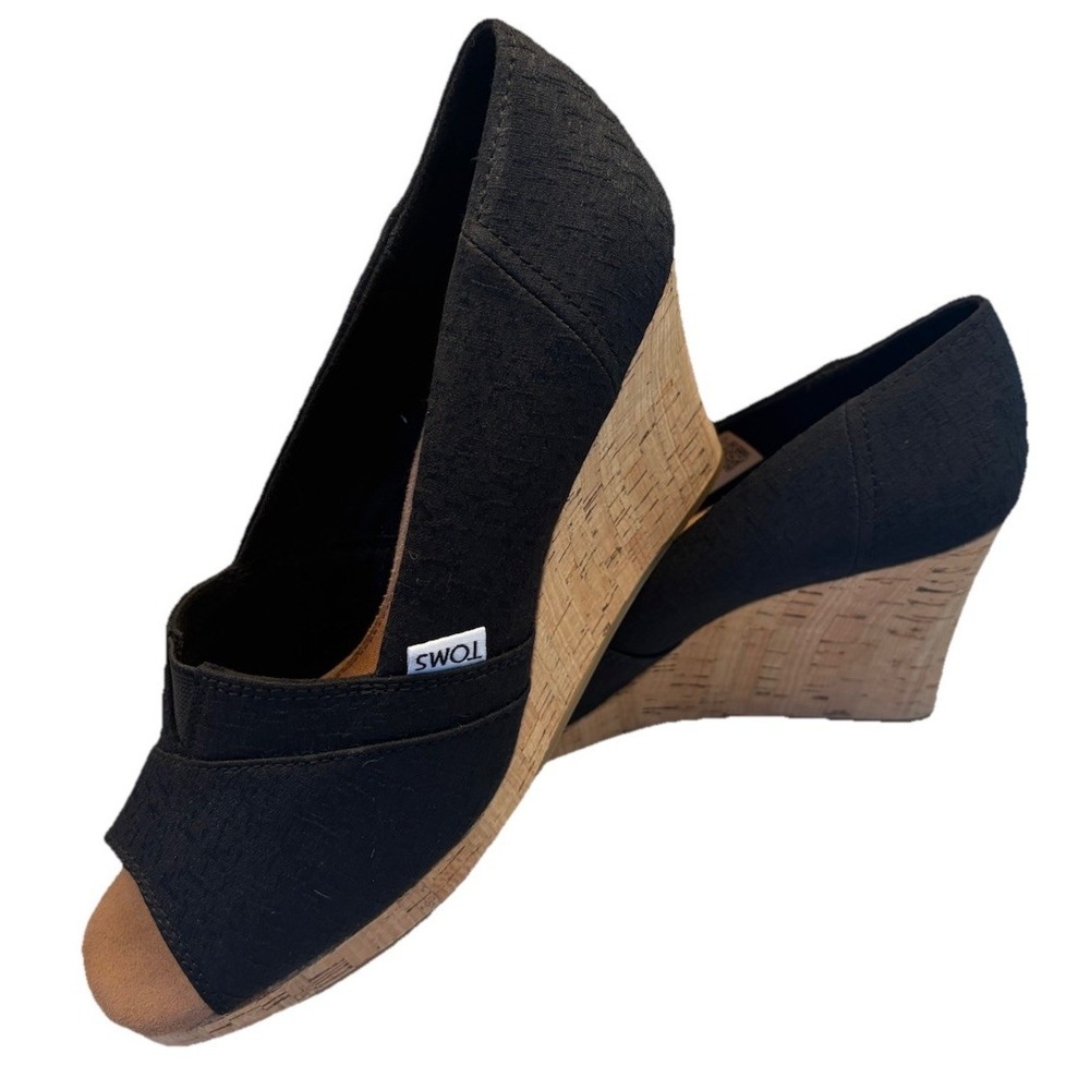 TOMS Women's Classic Espadrille Wedge Sandals Peep Toe Black Canvas Size 9.5 New